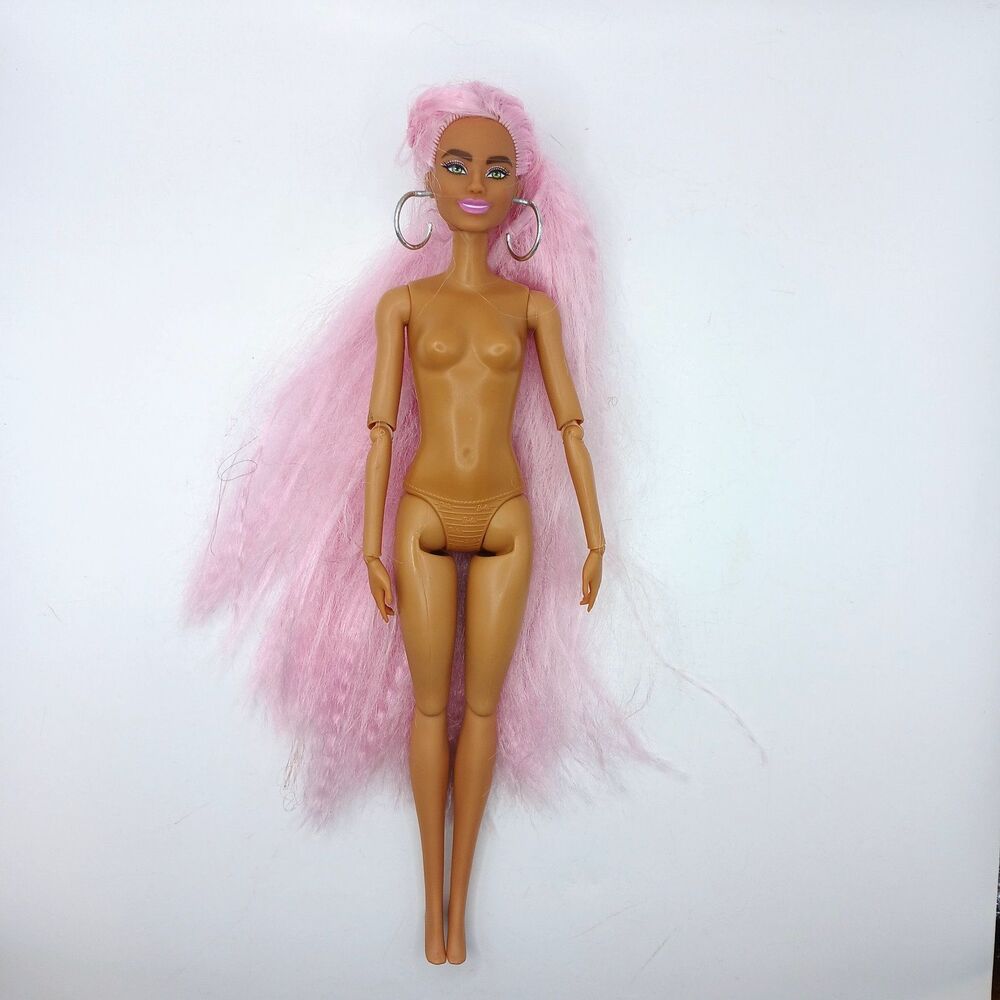 Mattel Barbie Doll Long Pink Hair Green Eyes Articulated Slim Body Hoop Earrings